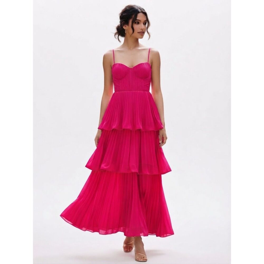 Lulus Bright Pink Tiered Pleated Sweetheart Midi Dress S